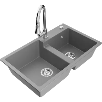 Granitový dřez Mexen Tomas žulový dřez 2-komorový s kuchyňskou baterií Elia, šedý - 6516-71-670101-00 Granitové dřezy s baterií