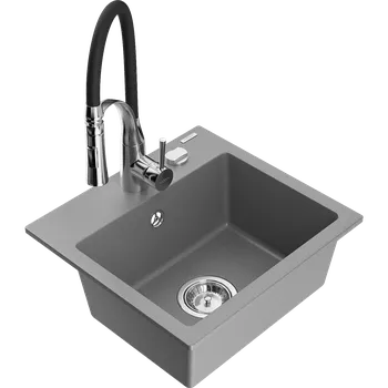 Granitový dřez Mexen Milo granitový dřez 1-komorový s kuchyňskou baterií Aster, šedý - 6505-71-73450-07 Granitové dřezy s baterií