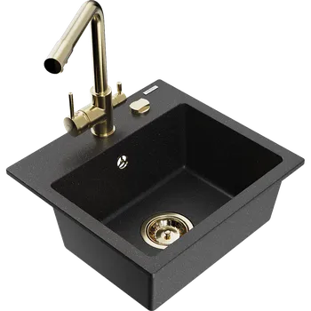 Granitový dřez Mexen Milo granitový dřez 1-komorový s kuchyňskou baterií Duero, černý/stříbrný metalík - 6505-73-671600-50 Granitové dřezy s baterií