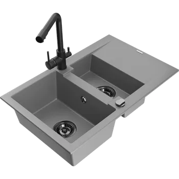 Granitový dřez Mexen Gaspar granitový dřez 1,5-komorový s odkapávačem a kuchyňskou baterií Duero, šedý - 6507-71-671600-70-B Granitové dřezy s baterií