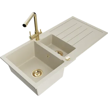 Granitový dřez Mexen Andres granitový dřez 1,5-komorový s odkapávačem a kuchyňskou baterií Duero, béžový - 6515-69-671600-50 Granitové dřezy s baterií