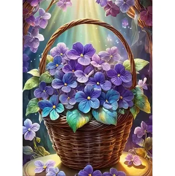 Diamantové malování Diamantové malování/Huacan - Fialové kvítky v košíku