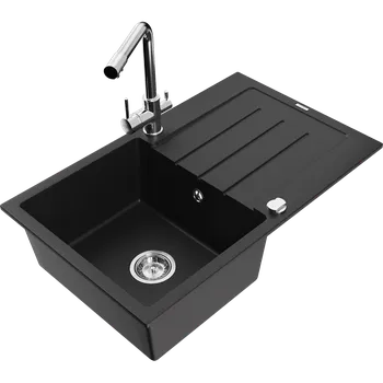 Granitový dřez Mexen Bruno granitový dřez s 1 komorou a odkapávačem a kuchyňskou baterií Duero, černý - 6513-77-671600-00 Granitové dřezy s baterií