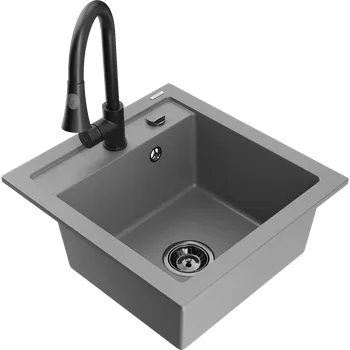 Granitový dřez Mexen Vito granitový dřez 1-komorový s kuchyňskou baterií Elia, šedý - 6503-71-670101-70-B Granitové dřezy s baterií