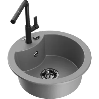 Granitový dřez Mexen Diego granitový jednodřez s kuchyňskou baterií Flora, šedý - 6512-71-670401-70-B Granitové dřezy s baterií