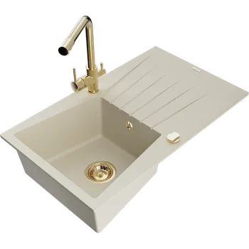 Granitový dřez Mexen Cesar granitový dřez s 1 komorou, odkapávačem a kuchyňskou baterií Duero, béžový - 6514-69-671600-50 Granitové dřezy s baterií