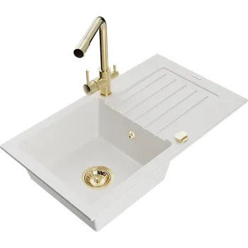 Granitový dřez Mexen Pablo granitový kuchyňský dřez 1-komorový s odkapávačem a kuchyňskou baterií Duero, bílý - 6510-20-671600-50 Granitové dřezy s baterií