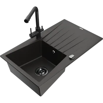 Granitový dřez Mexen Cesar granitový dřez 1-komorový s odkapávačem a kuchyňskou baterií Duero, černý/zlatý metalický - 6514-75-671600-70-B Granitové dřezy s baterií
