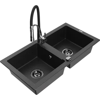 Granitový dřez Mexen Mario Granitový dřez 2komorový s kuchyňskou baterií Aster, černý/stříbrný metalik - 6504-73-73450-07-B Granitové dřezy s baterií