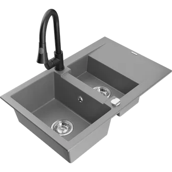 Granitový dřez Mexen Gaspar žulový dřez 1,5-komorový s odkapávačem a kuchyňskou baterií Elia, šedý - 6507-71-670101-70 Granitové dřezy s baterií