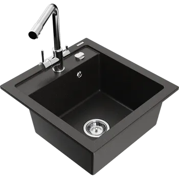 Granitový dřez Mexen Vito granitový dřez s 1 komorou a kuchyňskou baterií Duero, černý/zlatý metalik - 6503-75-671600-00 Granitové dřezy s baterií