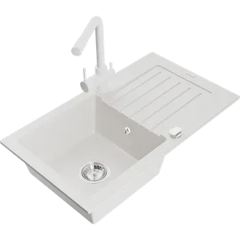 Granitový dřez Mexen Pablo granitový dřez 1-komorový s odkapávačem a kuchyňskou baterií Duero, bílý - 6510-20-671600-20 Granitové dřezy s baterií