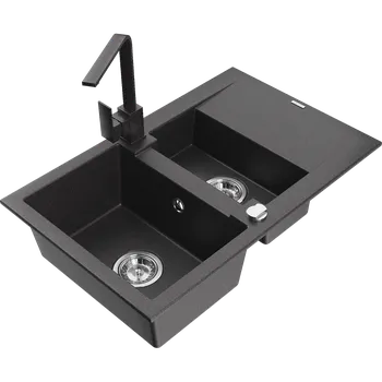 Granitový dřez Mexen Gaspar granitový dřez 1,5komorový s odkapávačem a kuchyňskou baterií Rita, černý skvrnitý - 6507-76-670300-76 Granitové dřezy s baterií