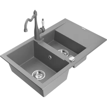 Granitový dřez Mexen Gaspar dřez granitový 1,5-komorový s odkapávačem a kuchyňskou baterií Carla, šedý - 6507-71-670700-71 Granitové dřezy s baterií
