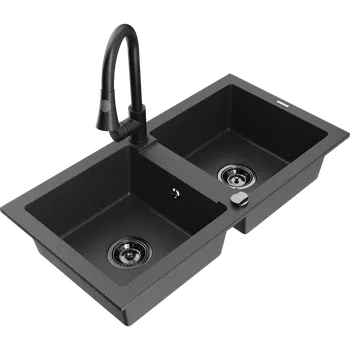 Granitový dřez Mexen Mario granitový dřez dvoukomorový s kuchyňskou baterií Elia, černý skvrnitý - 6504-76-670101-70-B Granitové dřezy s baterií