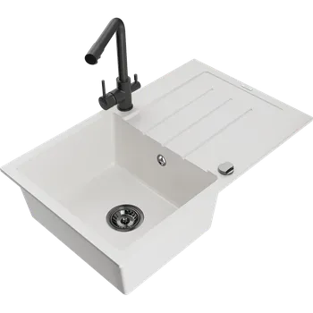 Granitový dřez Mexen Bruno kuchyňský dřez granitový 1-komorový s odkapávačem a kuchyňskou baterií Duero, bílý - 6513-20-671600-70 Granitové dřezy s baterií