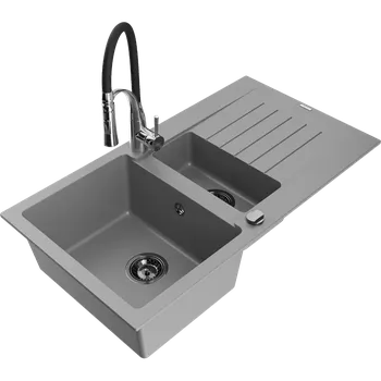 Granitový dřez Mexen Matias granitový dřez 1,5-komorový s odkapávačem a kuchyňskou baterií Aster, šedý - 6502-71-73450-07-B Granitové dřezy s baterií