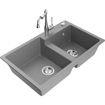Granitový dřez Mexen Tomas dřez granitový 2-komorový s kuchyňskou baterií Carla, šedý - 6516-71-670700-00 Granitové dřezy s baterií
