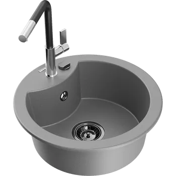 Granitový dřez Mexen Diego granitový dřez 1-komorový s kuchyňskou baterií Flora, šedý - 6512-71-670401-07-B Granitové dřezy s baterií
