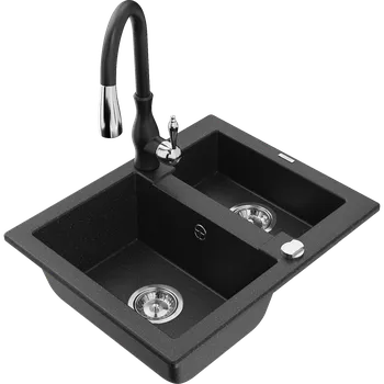 Granitový dřez Mexen Carlos granitový dřez 1,5-komorový s kuchyňskou baterií Savita, černý/stříbrný metalik - 6518-73-672601-70 Granitové dřezy s baterií