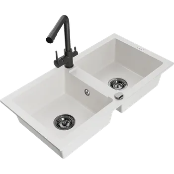 Granitový dřez Mexen Mario dvoukomorový granitový dřez s kuchyňskou baterií Duero, bílý - 6504-20-671600-70 Granitové dřezy s baterií