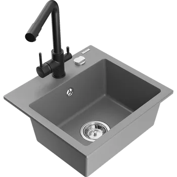 Granitový dřez Mexen Milo granitový dřez 1-komorový s kuchyňskou baterií Duero, šedý - 6505-71-671600-70 Granitové dřezy s baterií