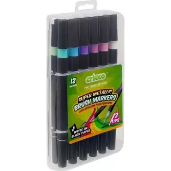 Popisovač štětcový oboustranný metalický Cricco, sada 12 barev