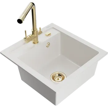 Granitový dřez Mexen Vito granitový dřez 1-komorový s kuchyňskou baterií Duero, bílý - 6503-20-671600-50 Granitové dřezy s baterií