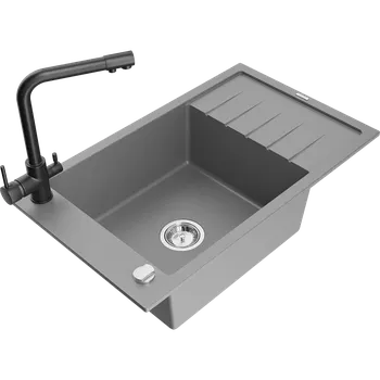 Granitový dřez Mexen Elias granitový kuchyňský dřez 1-komorový s odkapávačem a kuchyňskou baterií Duero, šedý - 6511-71-671600-70 Granitové dřezy s baterií