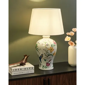 Lampička Stolní lampa Bílá porcelánová základna lněné bubnové stínidlo s květinový vzor stylové osvětlení Beliani