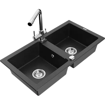 Kuchyňský dřez Mexen Mario dřez granitový 2-komorový s kuchyňskou baterií Duero, černý/stříbrný metalik - 6504-73-671600-00 Granitové dřezy s baterií