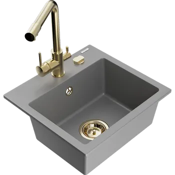 Granitový dřez Mexen Milo granitový dřez 1-komorový s kuchyňskou baterií Duero, šedý - 6505-71-671600-50 Granitové dřezy s baterií