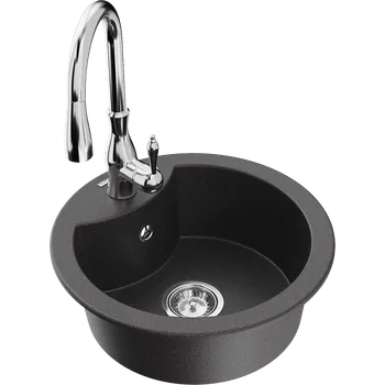 Granitový dřez Mexen Diego granitový dřez 1-komorový s kuchyňskou baterií Savita, černý skvrnitý - 6512-76-672601-00 Granitové dřezy s baterií