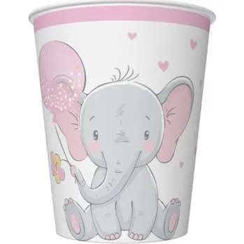 Party nádobí Papírové kelímky - Baby Elephant with pink Balloon - 250 ml - 8 ks - KM01_OG_053002
