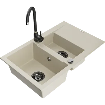Granitový dřez Mexen Gaspar granitový dřez 1,5-komorový s odkapávačem a kuchyňskou baterií Telma, béžový - 6507-69-670200-70 Granitové dřezy s baterií