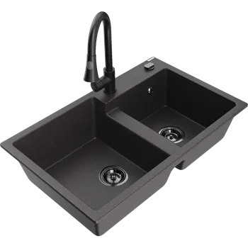 Granitový dřez Mexen Tomas granitový dřez 2-komorový s kuchyňskou baterií Elia, černý skvrnitý - 6516-76-670101-70-B Granitové dřezy s baterií