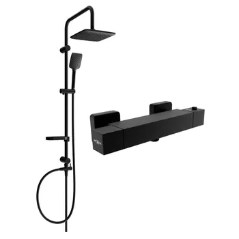 Sprchový set Mexen Sven nástěnná sprchová sada s dešťovou sprchou a termostatickou sprchovou baterií Cube, černá - 77200262-70 Nástěnné sprchové systémy