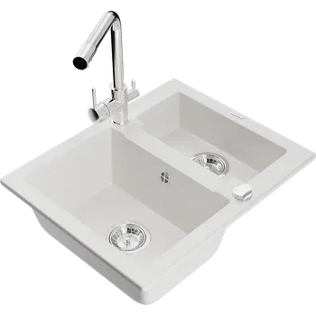 Granitový dřez Mexen Carlos granitový dřez s 1,5 komorami s kuchyňskou baterií Duero, bílý - 6518-20-671600-00 Granitové dřezy s baterií