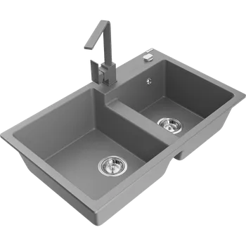 Granitový dřez Mexen Tomas granitový dřez 2-komorový s kuchyňskou baterií Rita, šedý - 6516-71-670300-71 Granitové dřezy s baterií