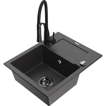 Granitový dřez Mexen Enzo granitový dřez 1-komorový s odkapávačem a kuchyňskou baterií Aster, černý kropenatý - 6506-76-73450-70-B Granitové dřezy s baterií