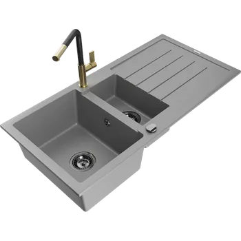 Granitový dřez Mexen Andres žulový dřez 1,5-komorový s odkapávačem a kuchyňská baterie Flora, šedá - 6515-71-670401-57-B Granitové dřezy s baterií