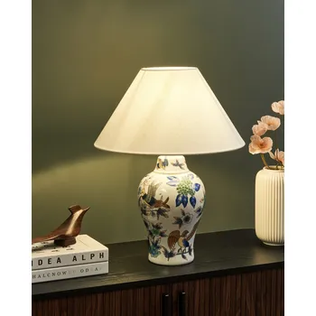 Osvětlení Stolní lampa bílá modrá porcelánová základna lněné stínidlo květinový vzor stylové osvětlení Beliani