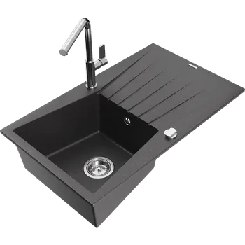 Granitový dřez Mexen Cesar granitový jednodřez s odkapávačem a kuchyňská baterie Flora, černá s tečkami - 6514-76-670401-00 Granitové dřezy s baterií
