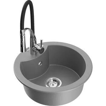 Granitový dřez Mexen Diego granitový dřez 1-komorový s kuchyňskou baterií Aster, šedý - 6512-71-73450-07 Granitové dřezy s baterií