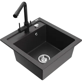 Granitový dřez Mexen Vito granitový dřez 1-komorový s kuchyňskou baterií Duero, černý kropenatý - 6503-76-671600-70 Granitové dřezy s baterií