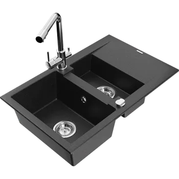 Kuchyňský dřez Mexen Gaspar granitový dřez s 1,5 komorovou miskou a kuchyňskou baterií Duero, černý/stříbrný - 6507-73-671600-00 Granitové dřezy s baterií