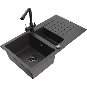 Granitový dřez Mexen Matias granitový dřez 1,5-komorový s odkapávačem a kuchyňskou baterií Duero, černý tečkovaný - 6502-76-671600-70-B Granitové dřezy s baterií