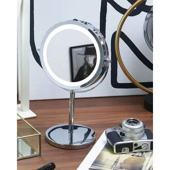 Zrcadlo Kosmetické zrcátko stříbrné prům. Kov 20 cm se zvětšením LED osvětlení kulatý glamour moderní do koupelny pro toaletní stolek Beliani