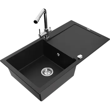 Granitový dřez Mexen Leo granitový dřez 1-komorový s odkapávačem a kuchyňskou baterií Duero, černý - 6501-77-671600-00 Granitové dřezy s baterií