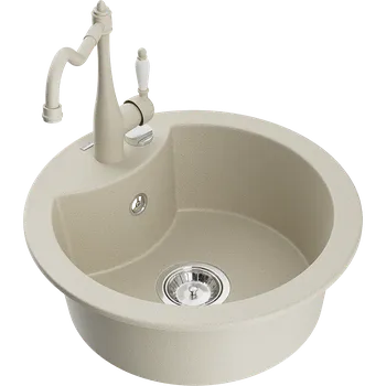 Granitový dřez Mexen Diego granitový dřez 1-komorový s kuchyňskou baterií Carla, béžový - 6512-69-670700-69 Granitové dřezy s baterií